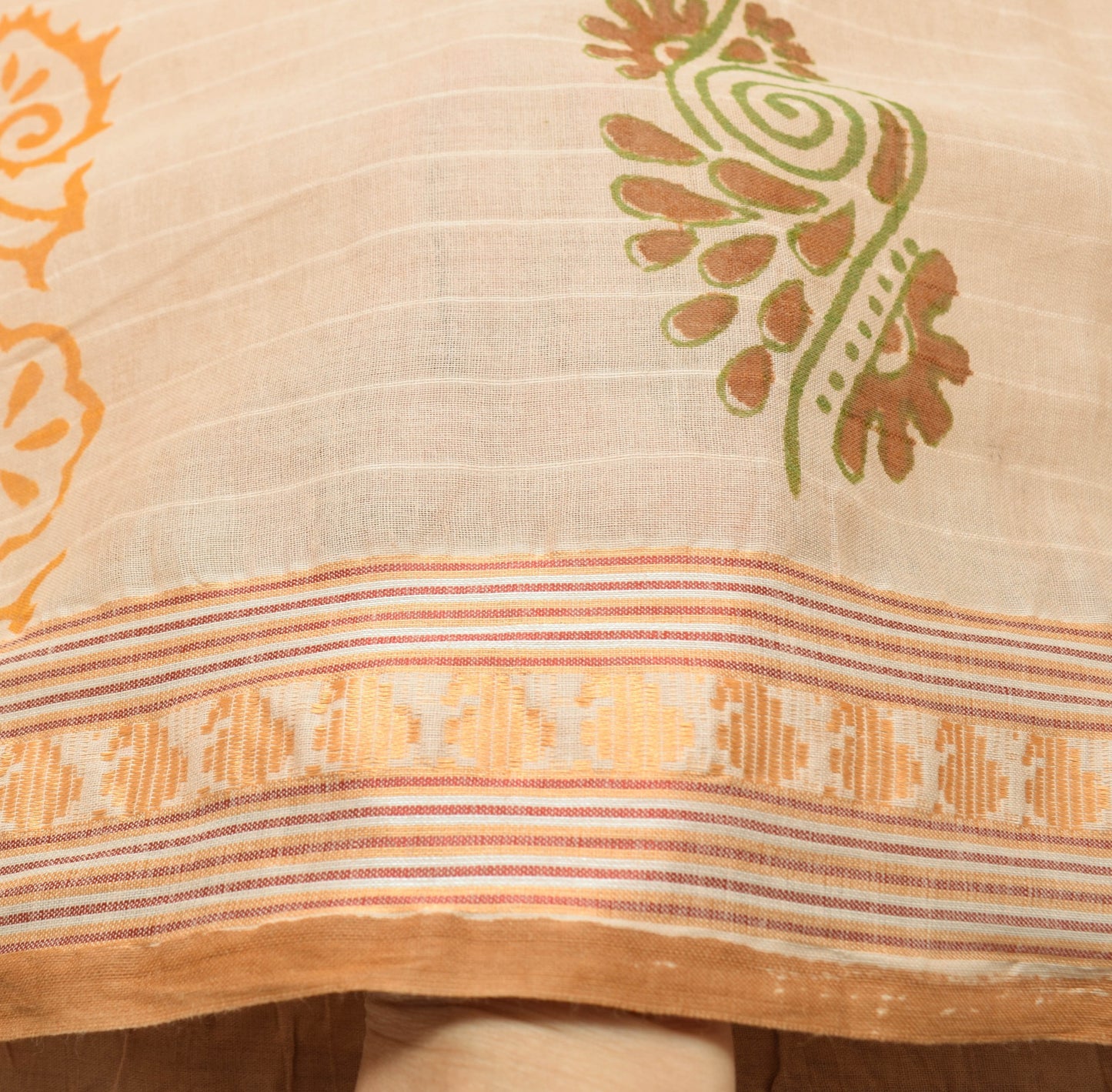 Sushila Vintage Light Brown Saree 100% Pure Cotton Printed Woven Craft Fabric