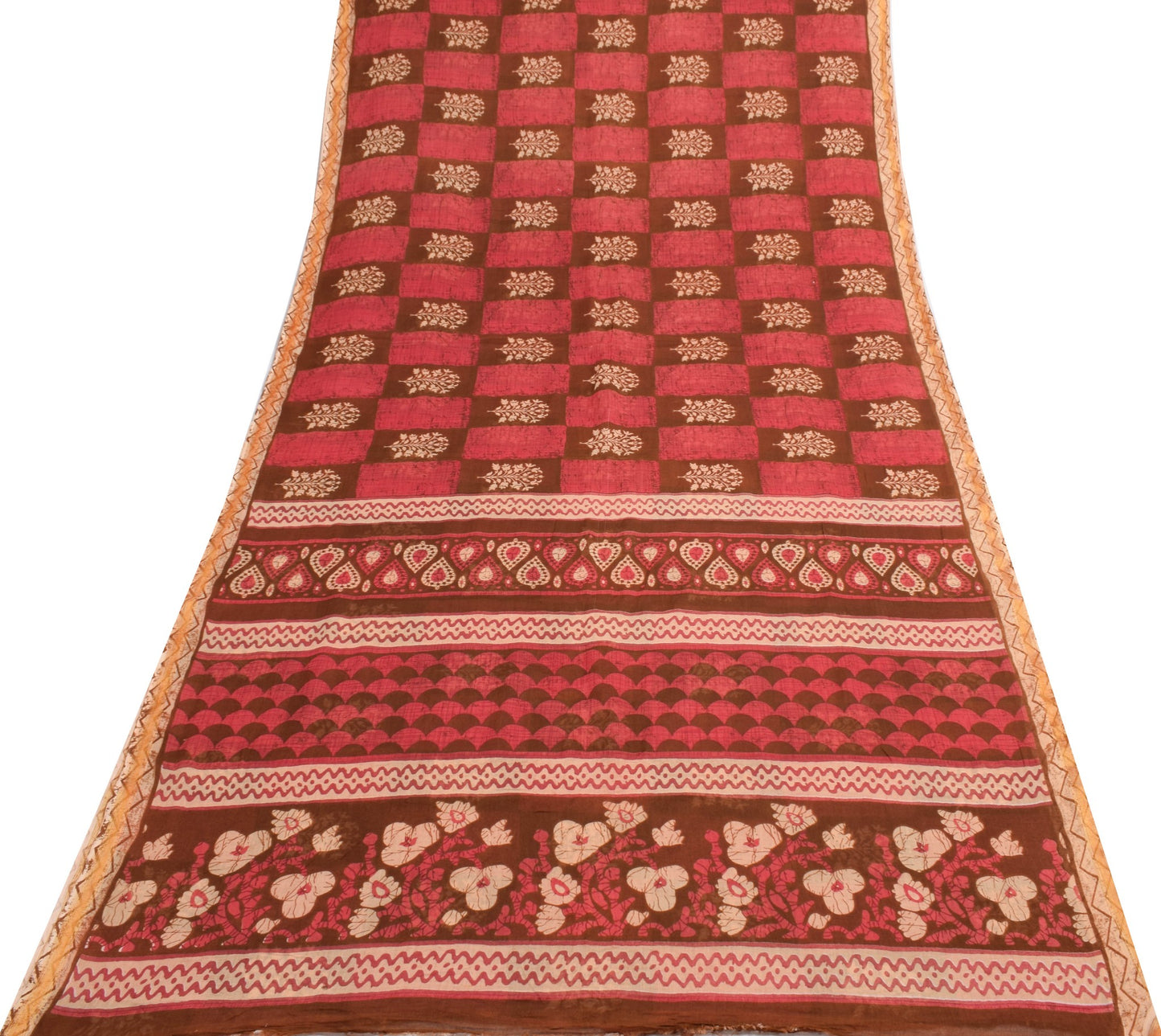 Sushila Vintage Brown Saree 100% Pure Cotton Printed Indian Soft Craft Fabric
