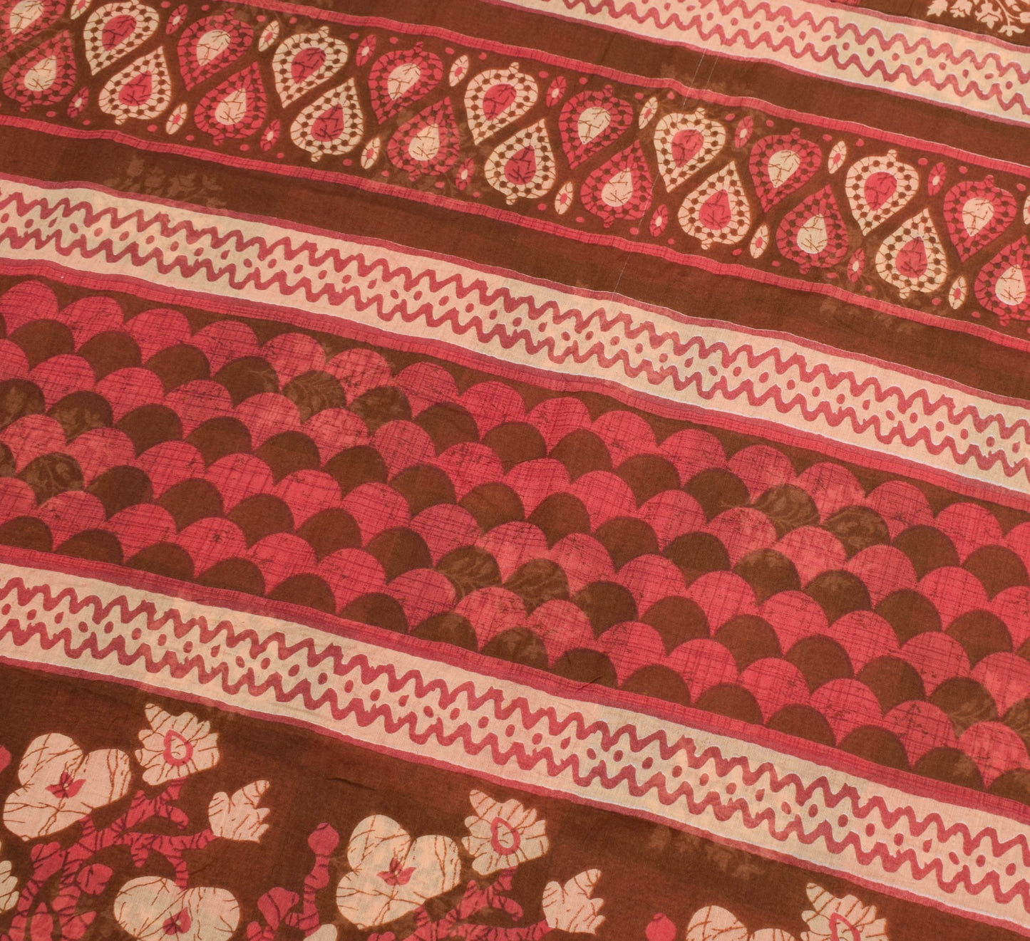 Sushila Vintage Brown Saree 100% Pure Cotton Printed Indian Soft Craft Fabric