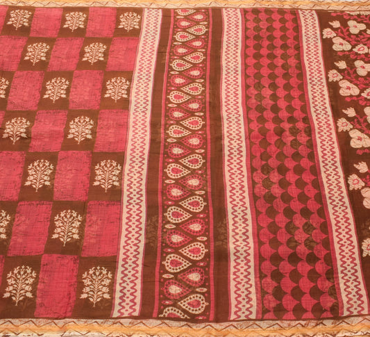 Sushila Vintage Brown Saree 100% Pure Cotton Printed Indian Soft Craft Fabric