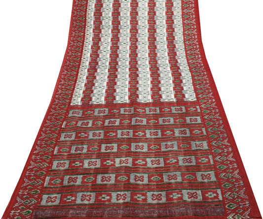 Sushila Vintage Red & Cream Saree 100% Pure Cotton Printed Indian Craft Fabric