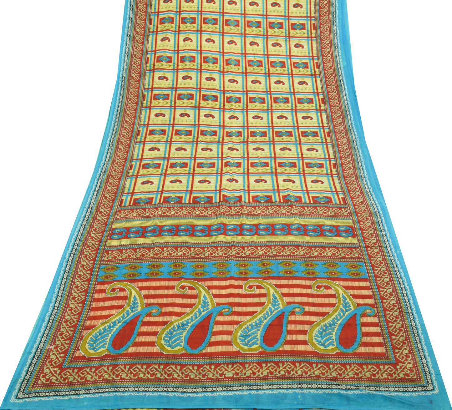 Sushila Vintage Saree 100% Pure Cotton Green Paisley Printed Soft Craft Fabric