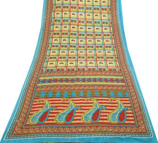 Sushila Vintage Saree 100% Pure Cotton Green Paisley Printed Soft Craft Fabric