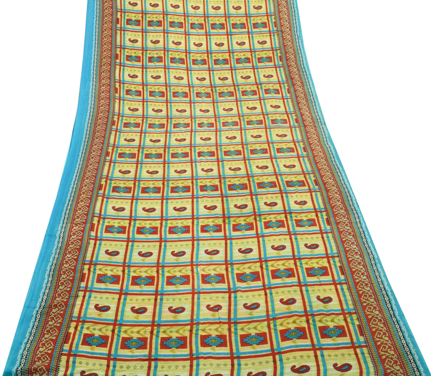 Sushila Vintage Saree 100% Pure Cotton Green Paisley Printed Soft Craft Fabric