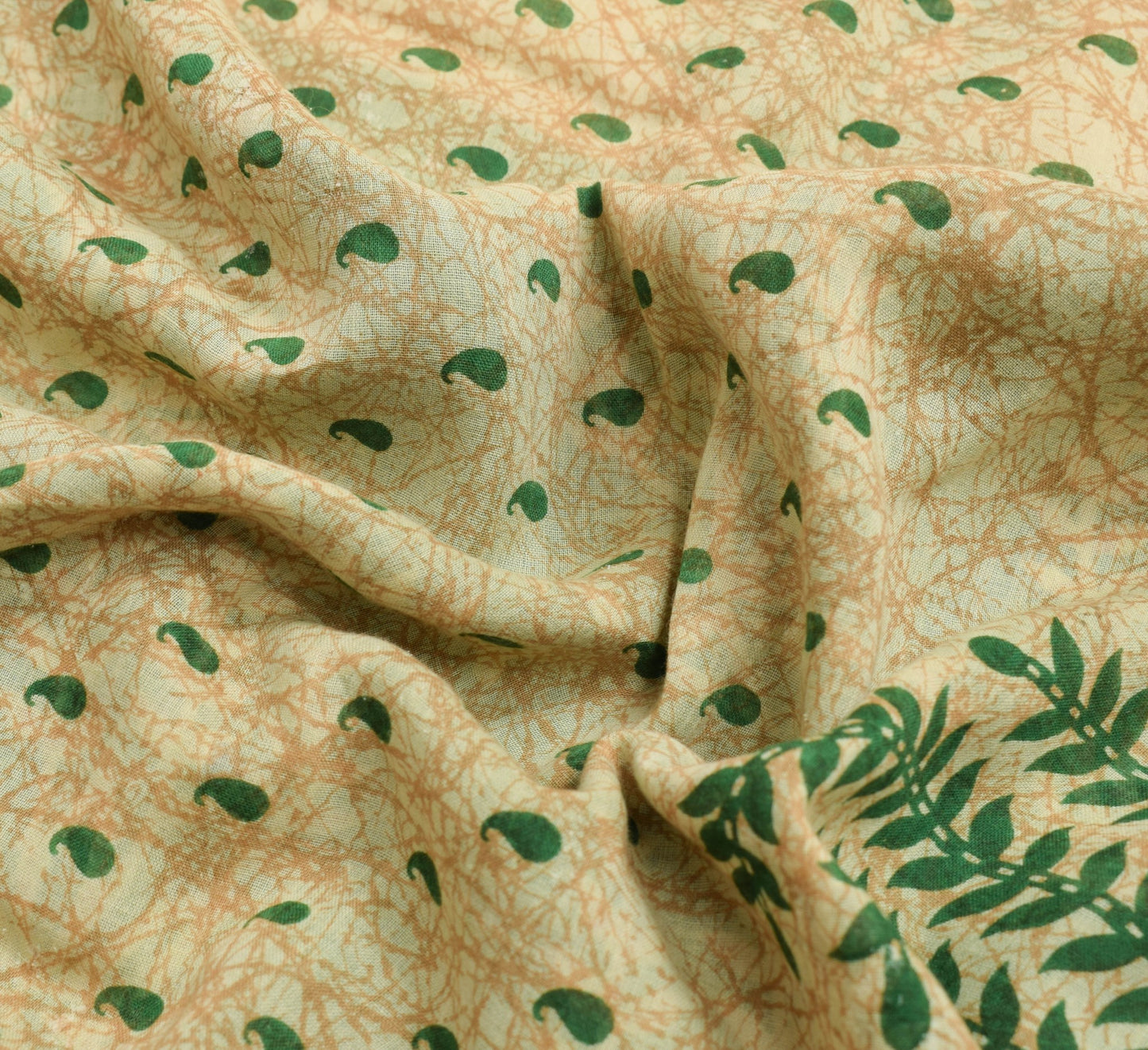 Sushila Vintage Cream Saree 100% Pure Cotton Printed Paisley Soft Craft Fabric