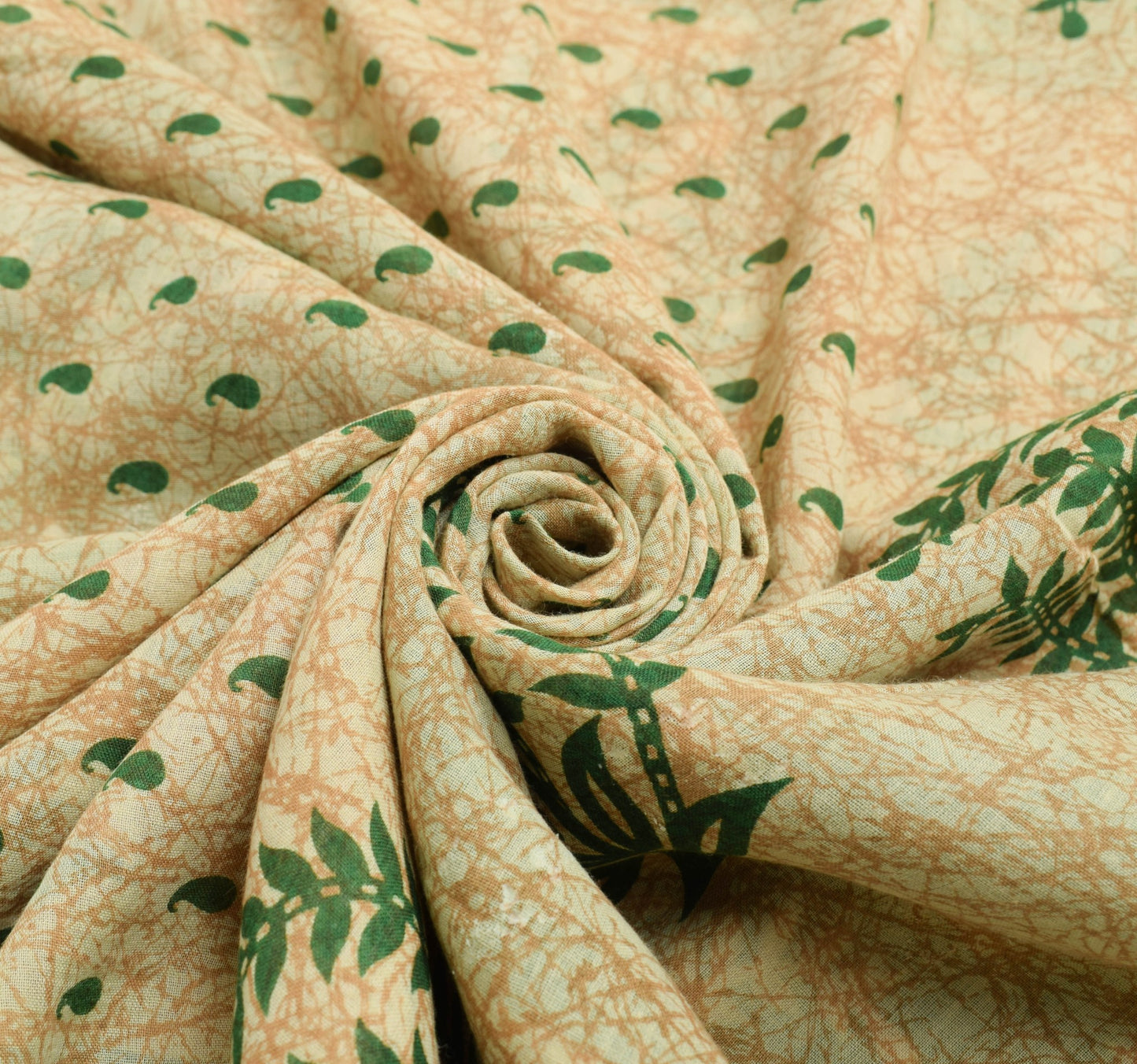 Sushila Vintage Cream Saree 100% Pure Cotton Printed Paisley Soft Craft Fabric