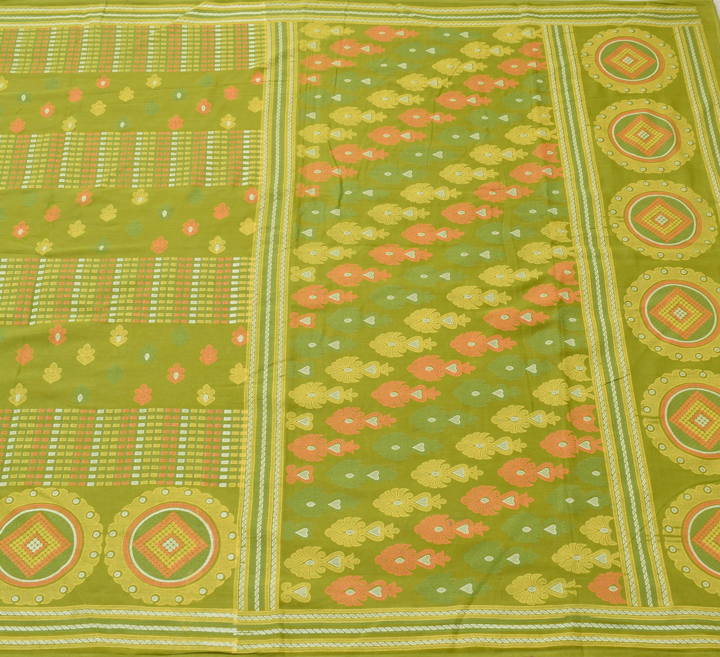 Sushila Vintage Green Floral Saree 100% Pure Cotton Printed Soft Craft Fabric