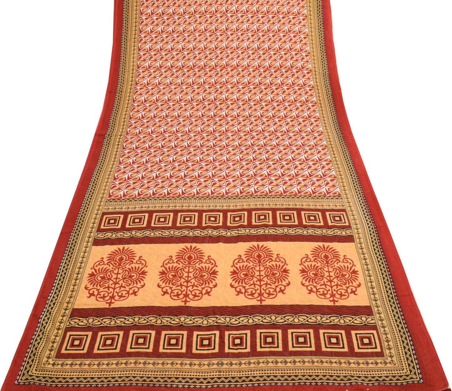 Sushila Vintage Red Saree 100% Pure Cotton Geometrical Printed Soft Craft Fabric