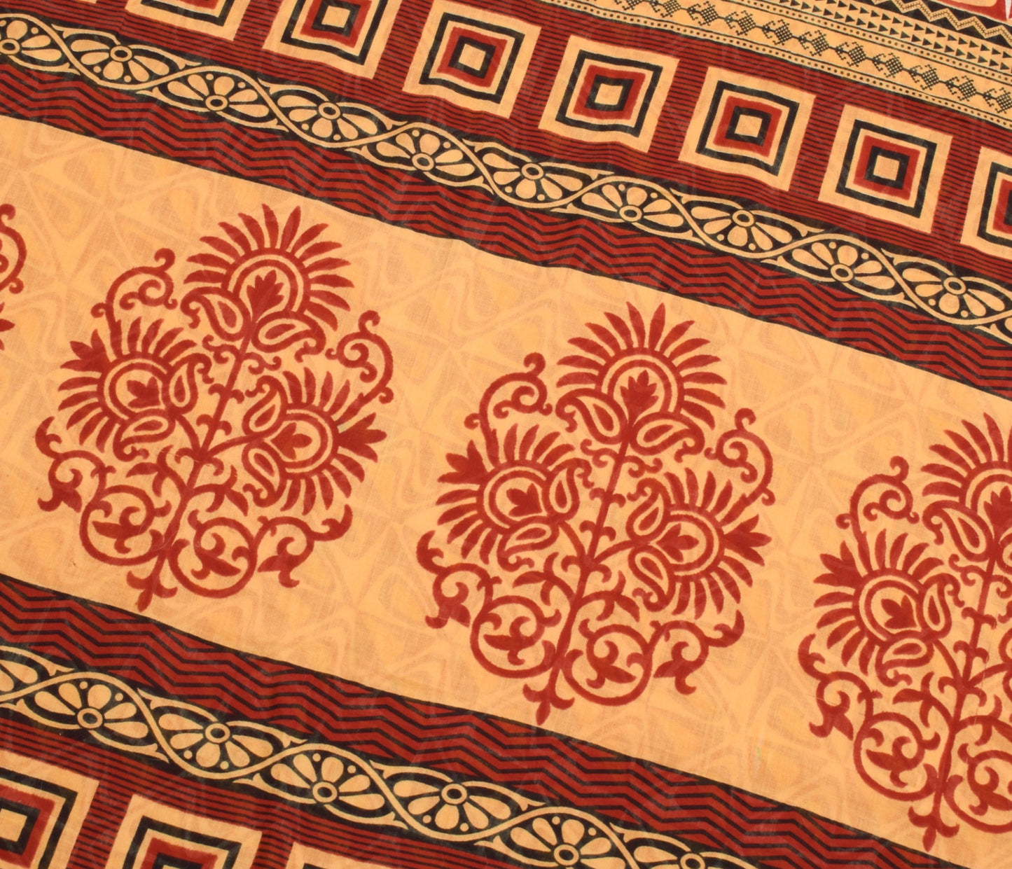 Sushila Vintage Red Saree 100% Pure Cotton Geometrical Printed Soft Craft Fabric