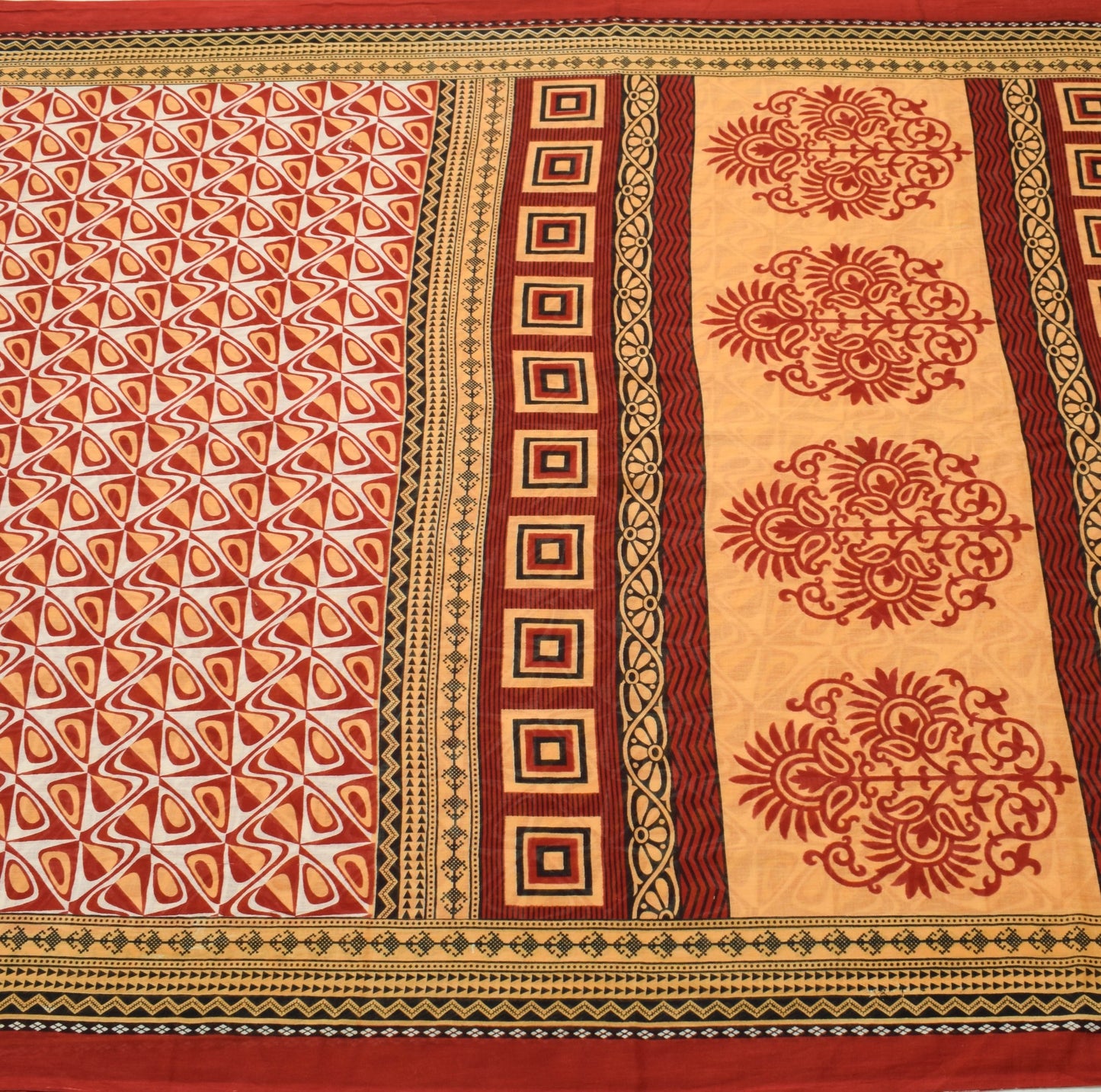 Sushila Vintage Red Saree 100% Pure Cotton Geometrical Printed Soft Craft Fabric