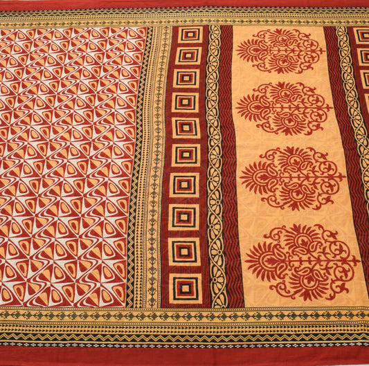 Sushila Vintage Red Saree 100% Pure Cotton Geometrical Printed Soft Craft Fabric
