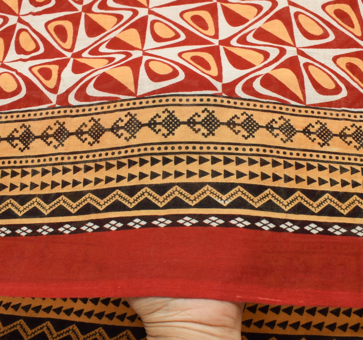 Sushila Vintage Red Saree 100% Pure Cotton Geometrical Printed Soft Craft Fabric