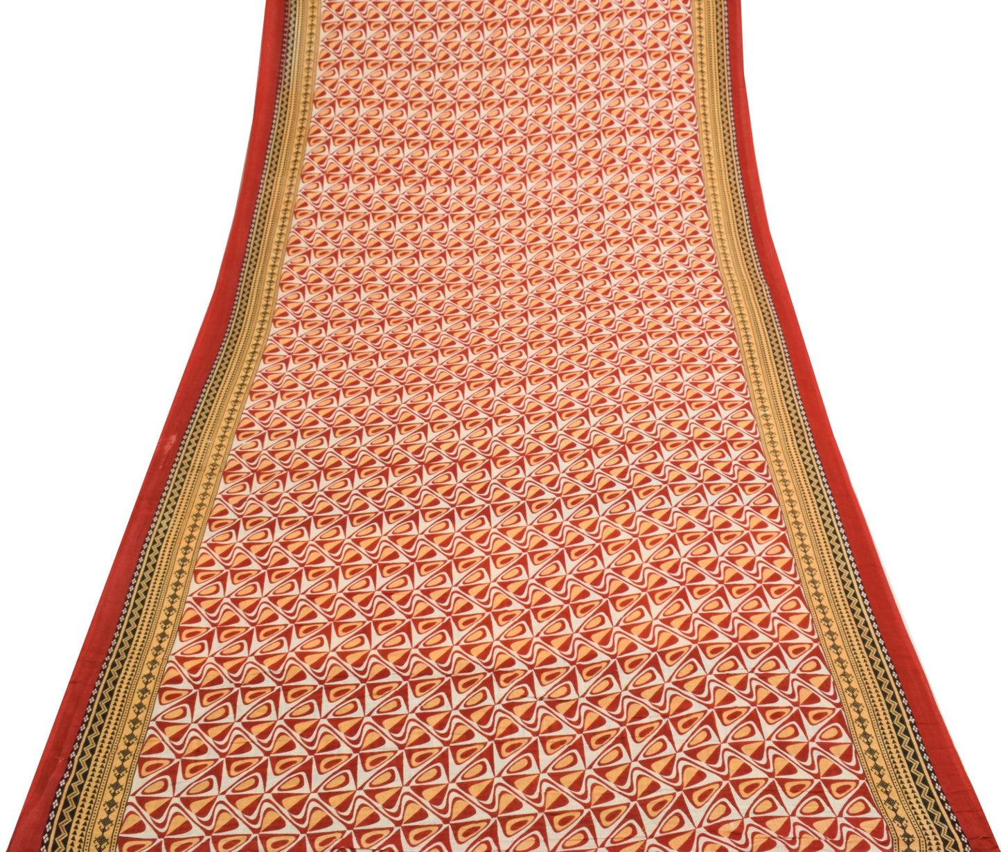 Sushila Vintage Red Saree 100% Pure Cotton Geometrical Printed Soft Craft Fabric