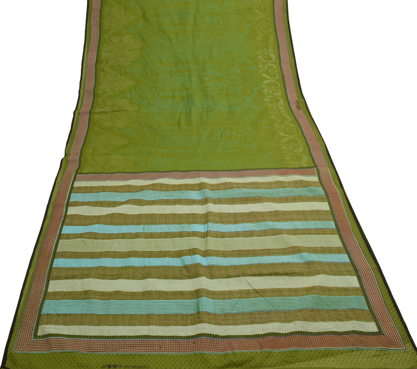 Sushila Vintage Henna Green Saree 100% Pure Cotton Hand Printed Paisley Fabric