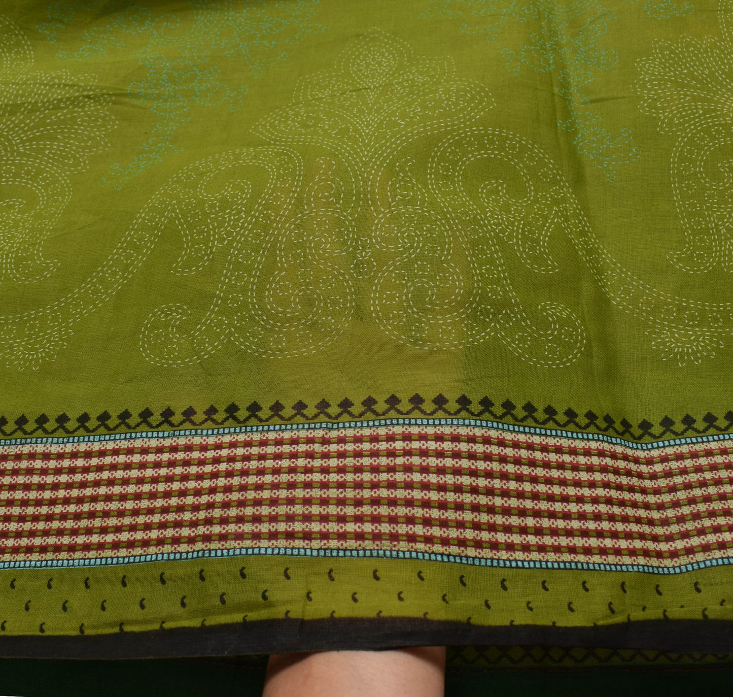Sushila Vintage Henna Green Saree 100% Pure Cotton Hand Printed Paisley Fabric
