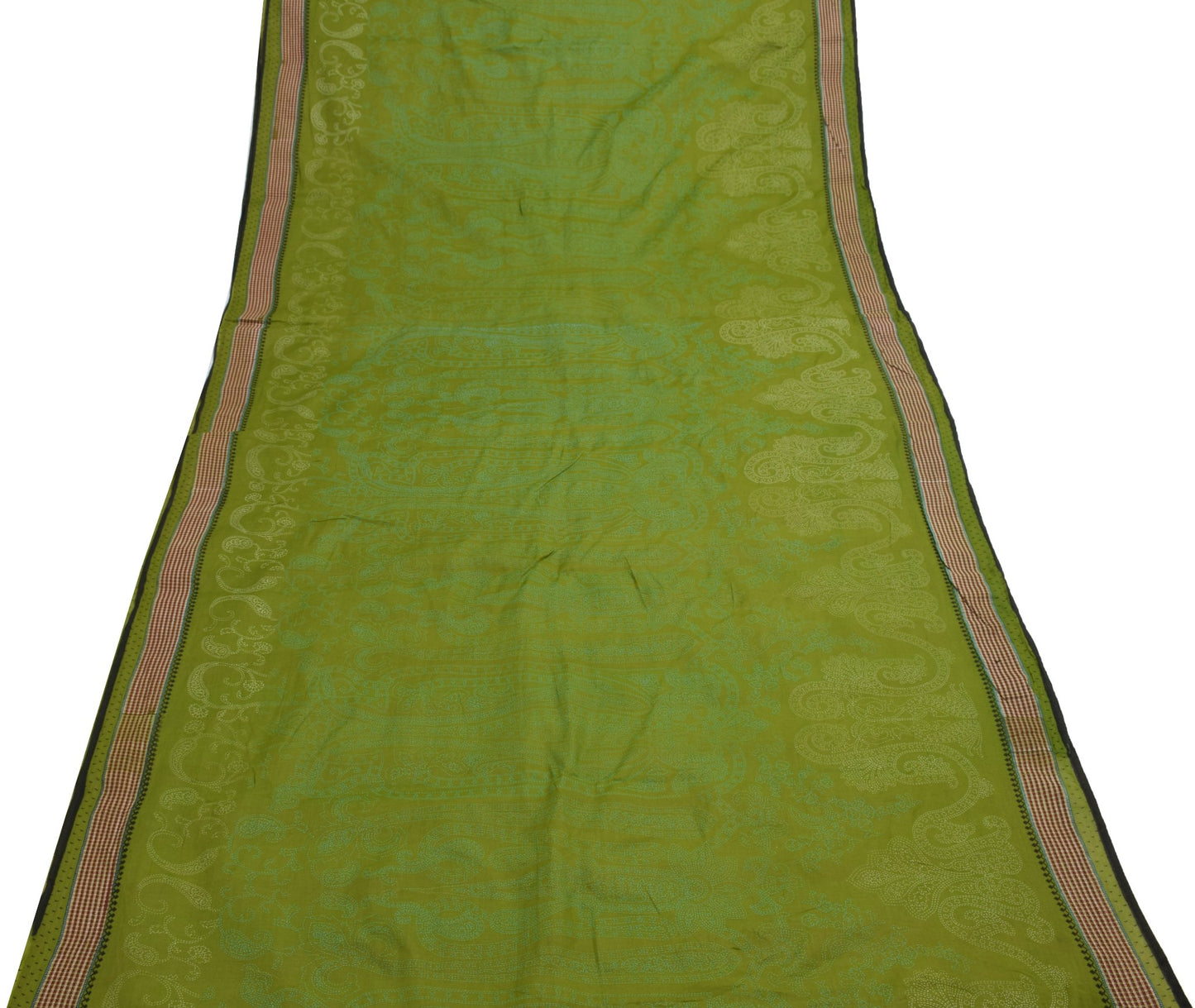 Sushila Vintage Henna Green Saree 100% Pure Cotton Hand Printed Paisley Fabric