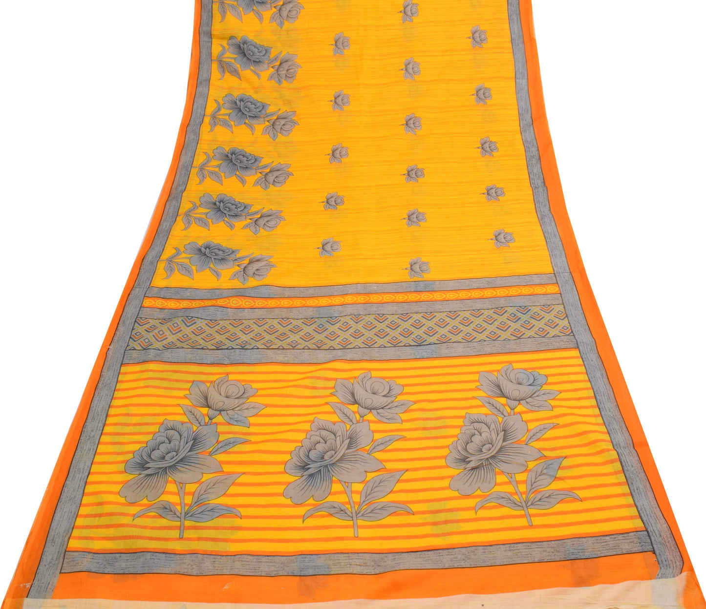 Sushila Vintage Saree 100% Pure Cotton Printed Yellow Floral Women Craft Fabric