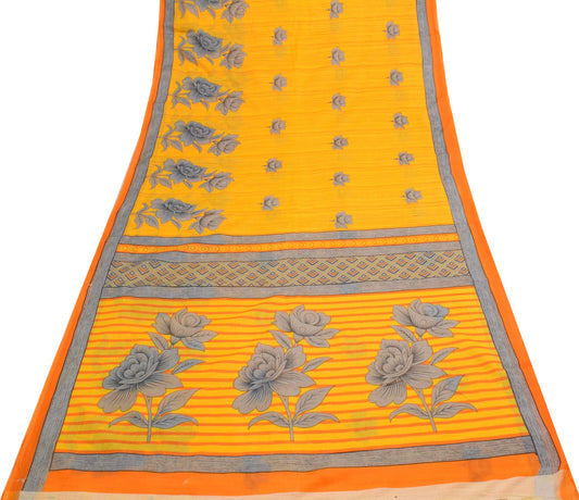 Sushila Vintage Saree 100% Pure Cotton Printed Yellow Floral Women Craft Fabric