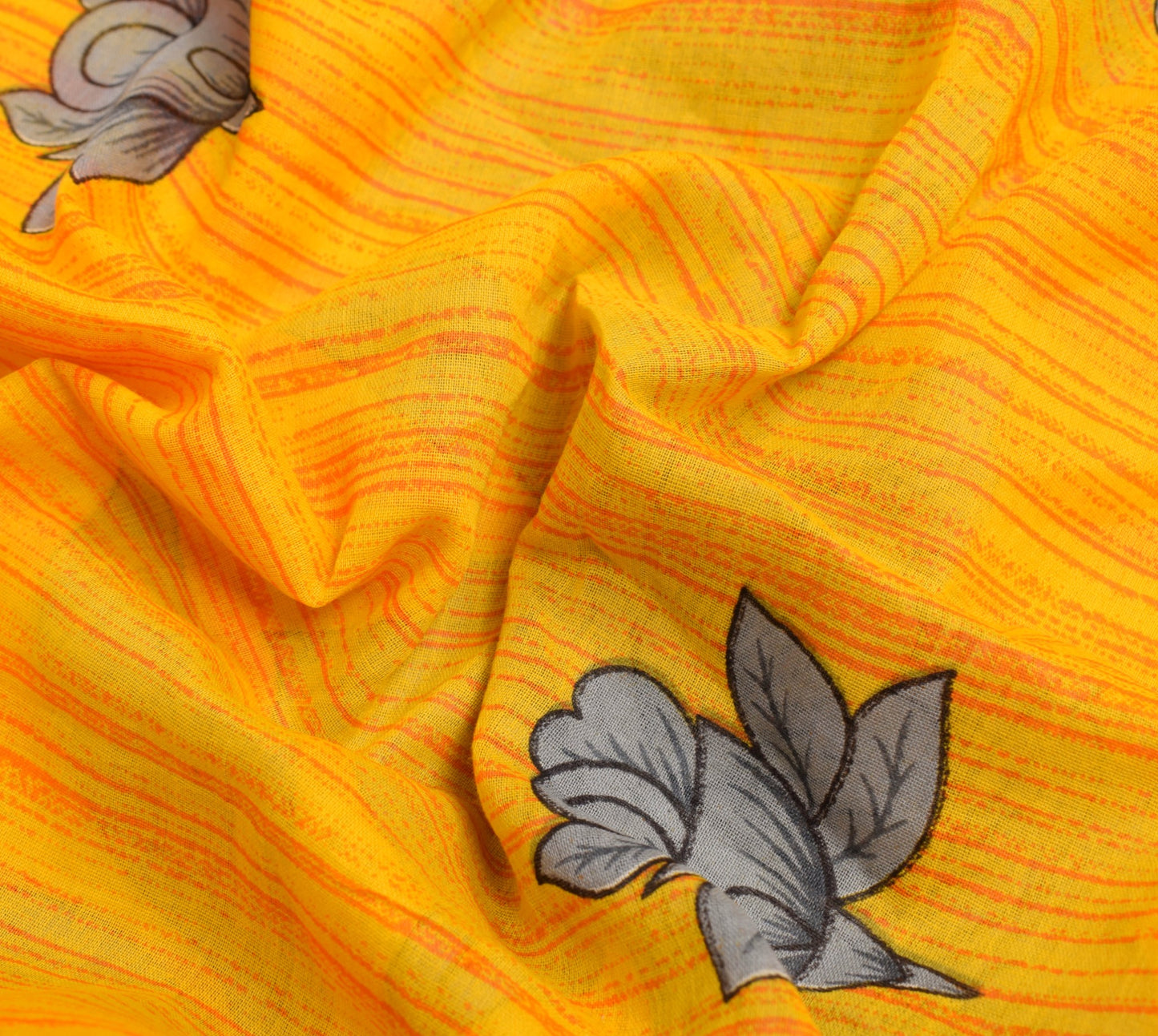 Sushila Vintage Saree 100% Pure Cotton Printed Yellow Floral Women Craft Fabric