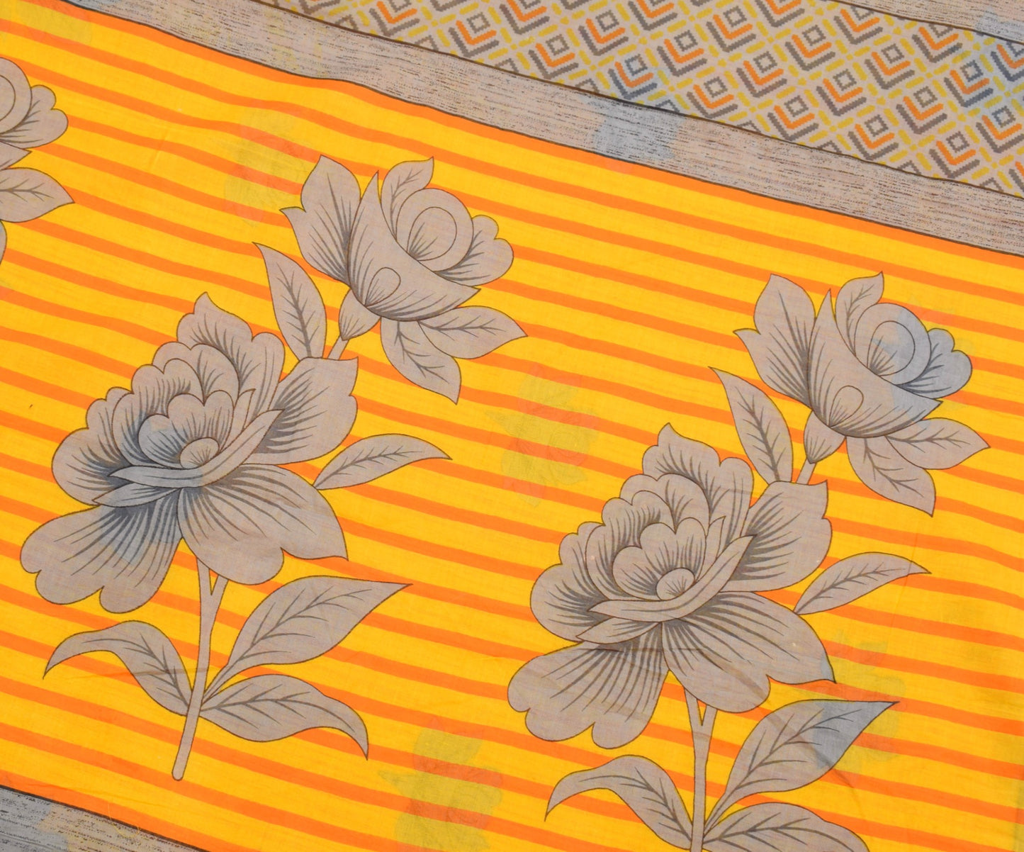 Sushila Vintage Saree 100% Pure Cotton Printed Yellow Floral Women Craft Fabric