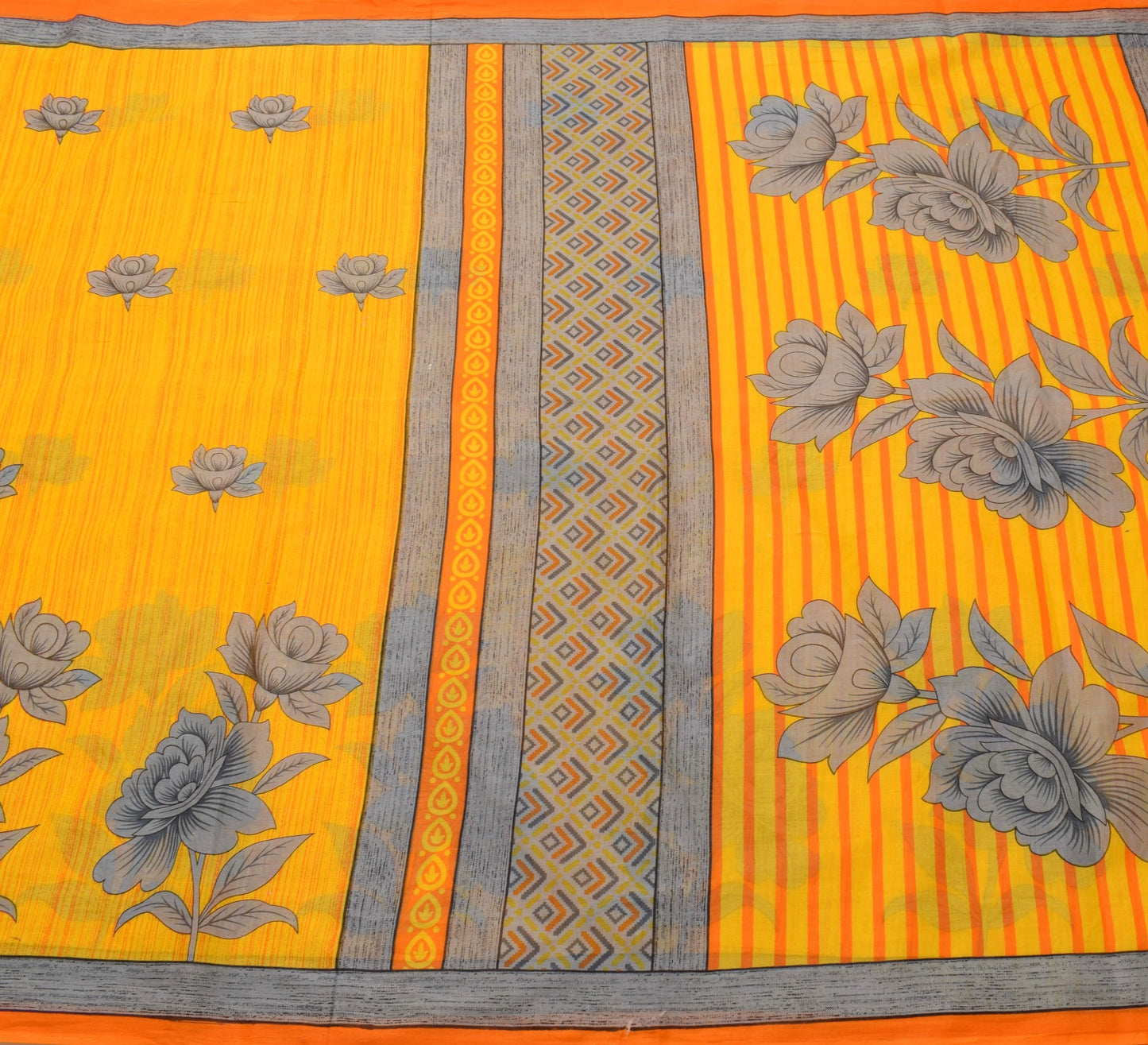 Sushila Vintage Saree 100% Pure Cotton Printed Yellow Floral Women Craft Fabric