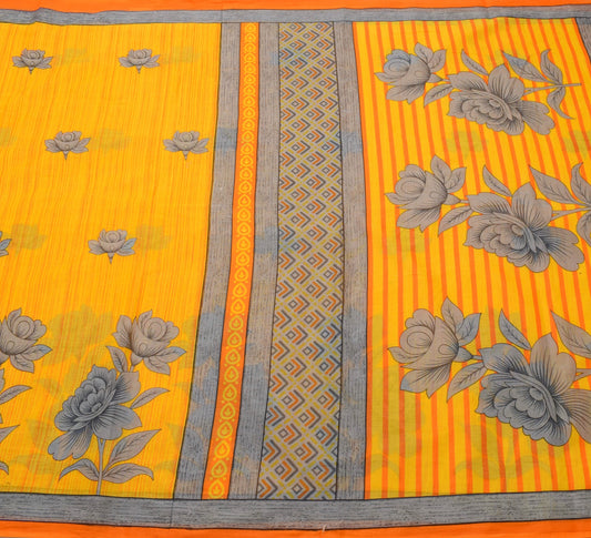 Sushila Vintage Saree 100% Pure Cotton Printed Yellow Floral Women Craft Fabric