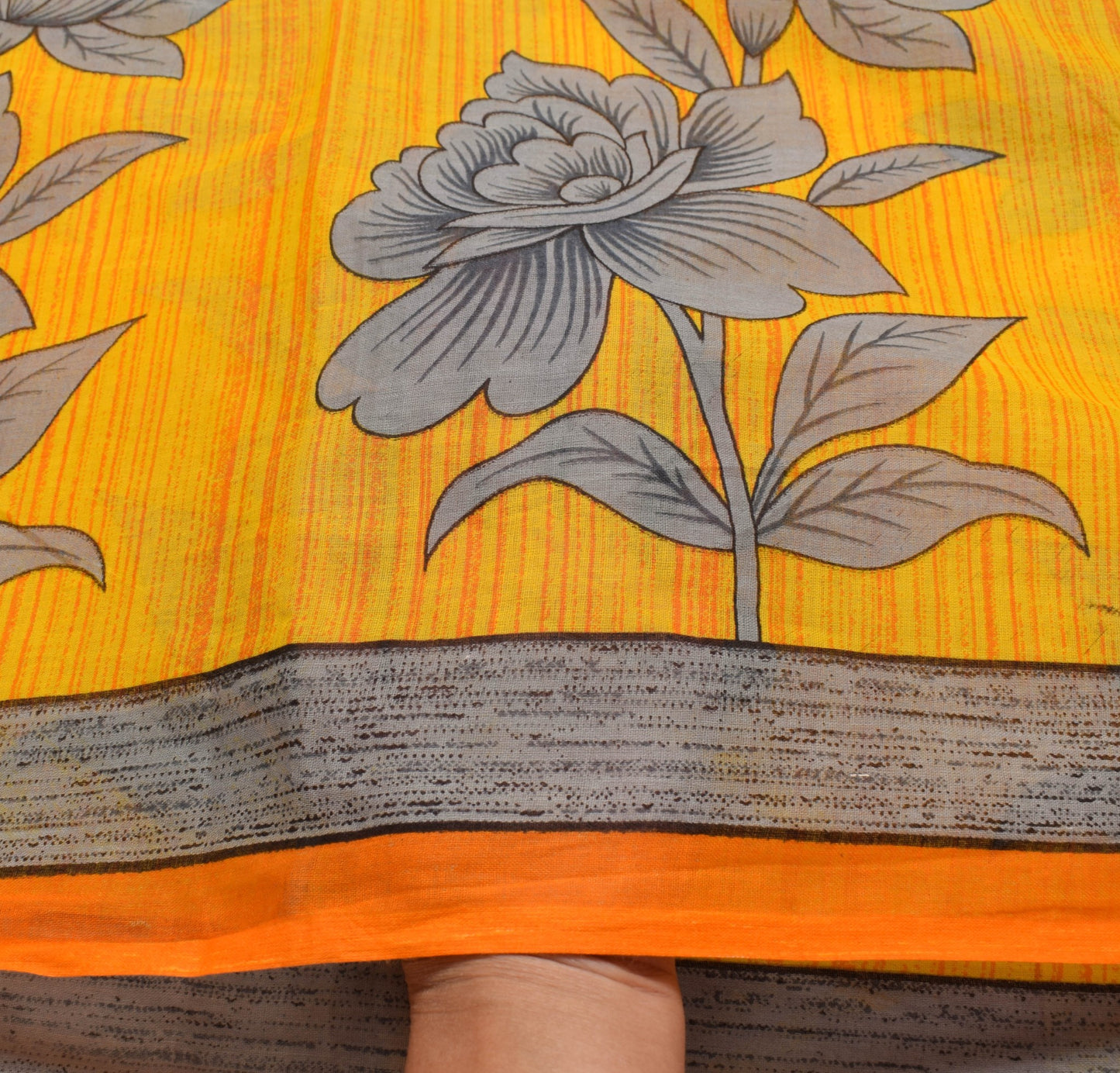 Sushila Vintage Saree 100% Pure Cotton Printed Yellow Floral Women Craft Fabric