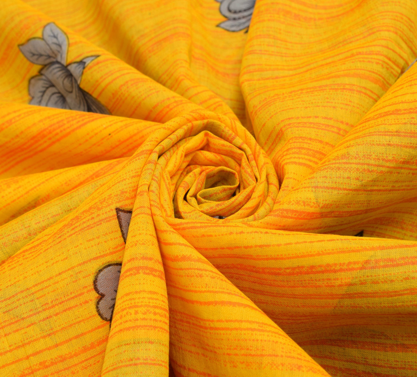 Sushila Vintage Saree 100% Pure Cotton Printed Yellow Floral Women Craft Fabric