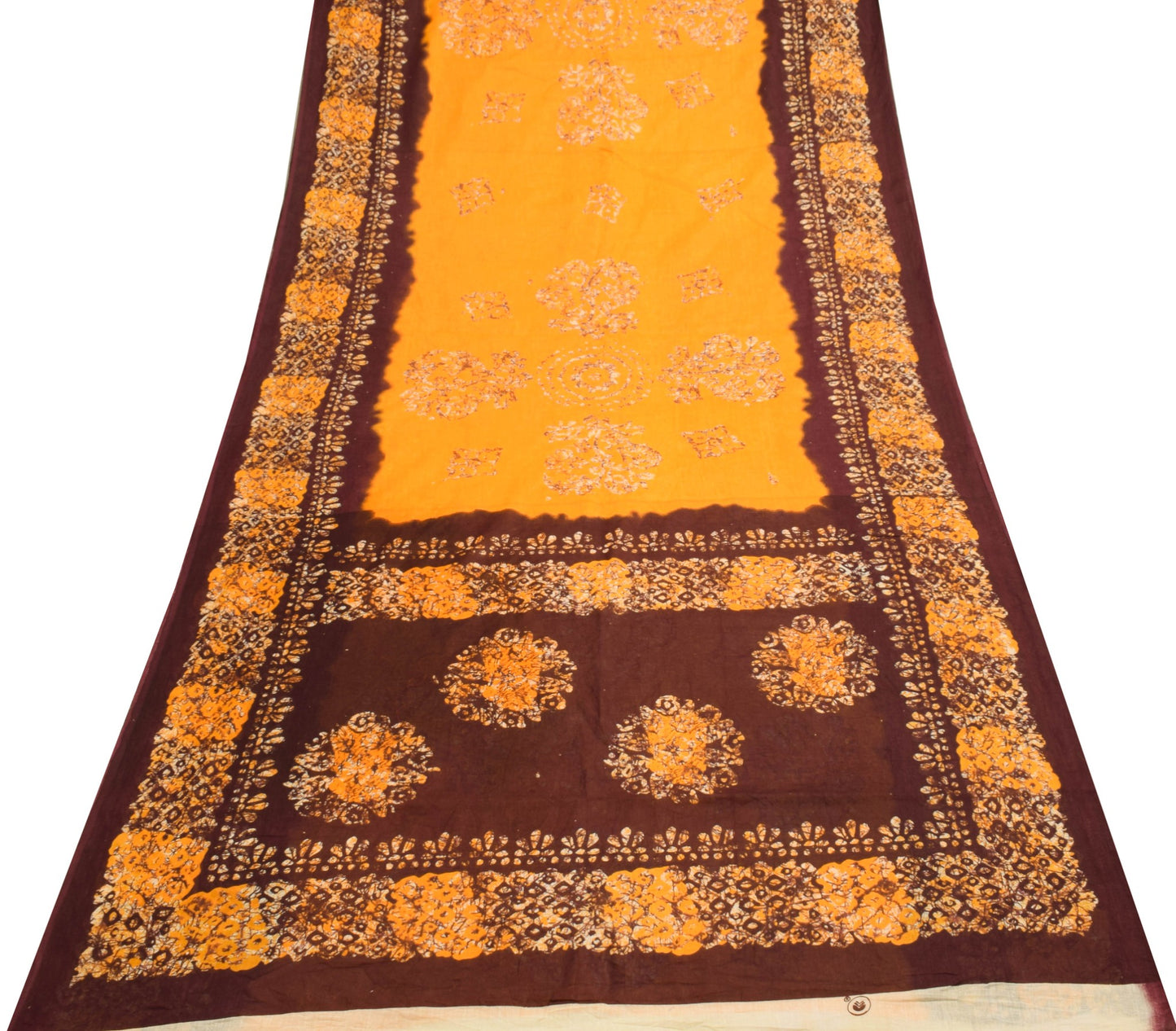 Sushila Vintage Yellow  Saree 100% Pure Cotton Batik Printed Soft Craft Fabric