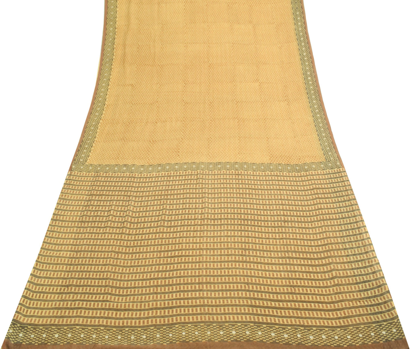 Sushila Vintage Beige Saree 100%Pure Georgette Silk Zig-Zag Printed Craft Fabric