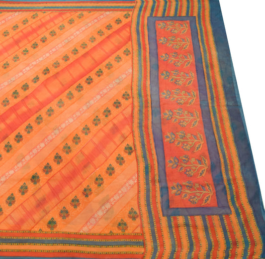 Sushila Vintage Saree Pure Georgette Silk Printed  Craft Orange Floral Fabric