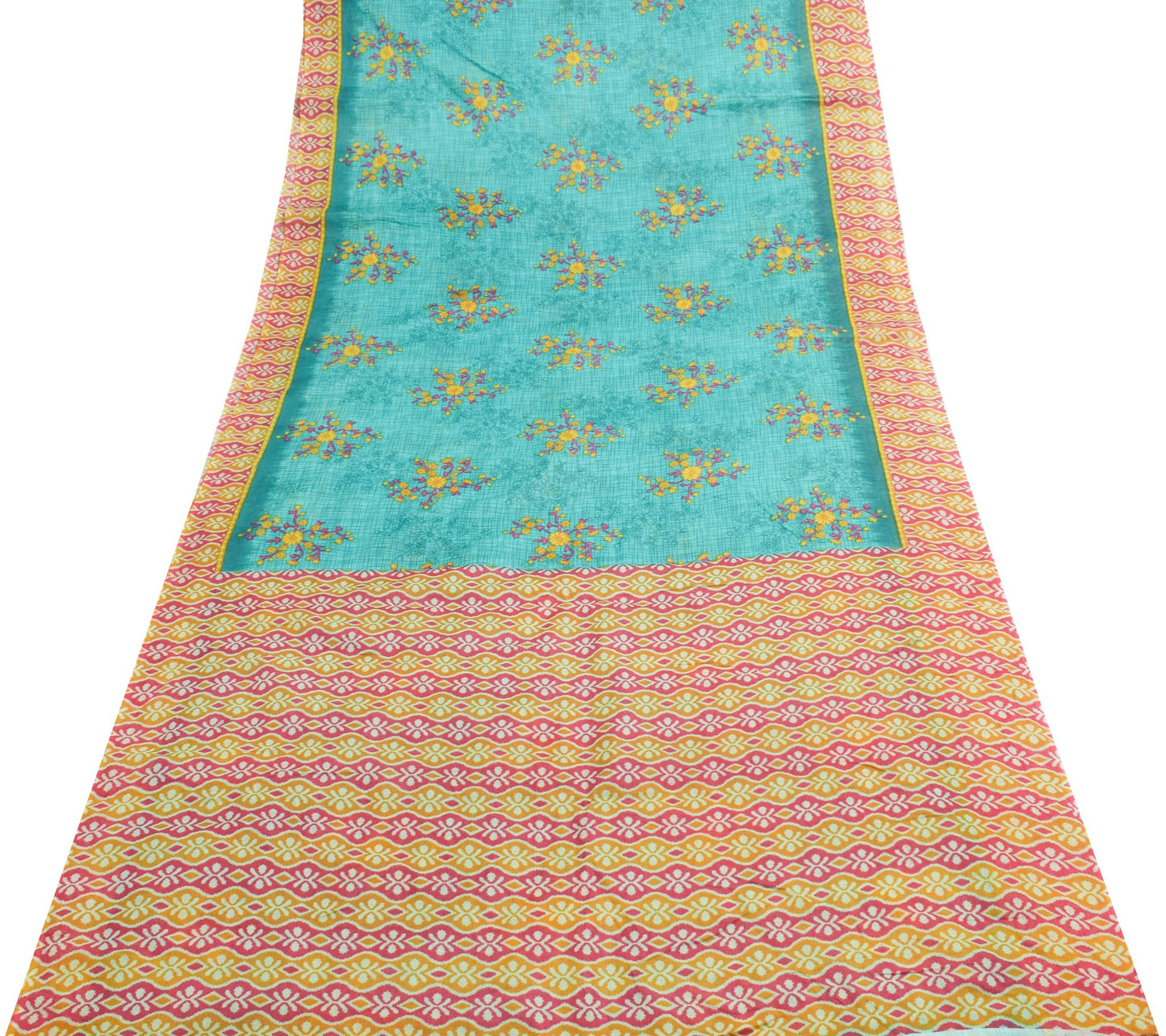 Sushila Vintage Aqua Green Saree 100% Pure Cotton Printed Floral Craft Fabric