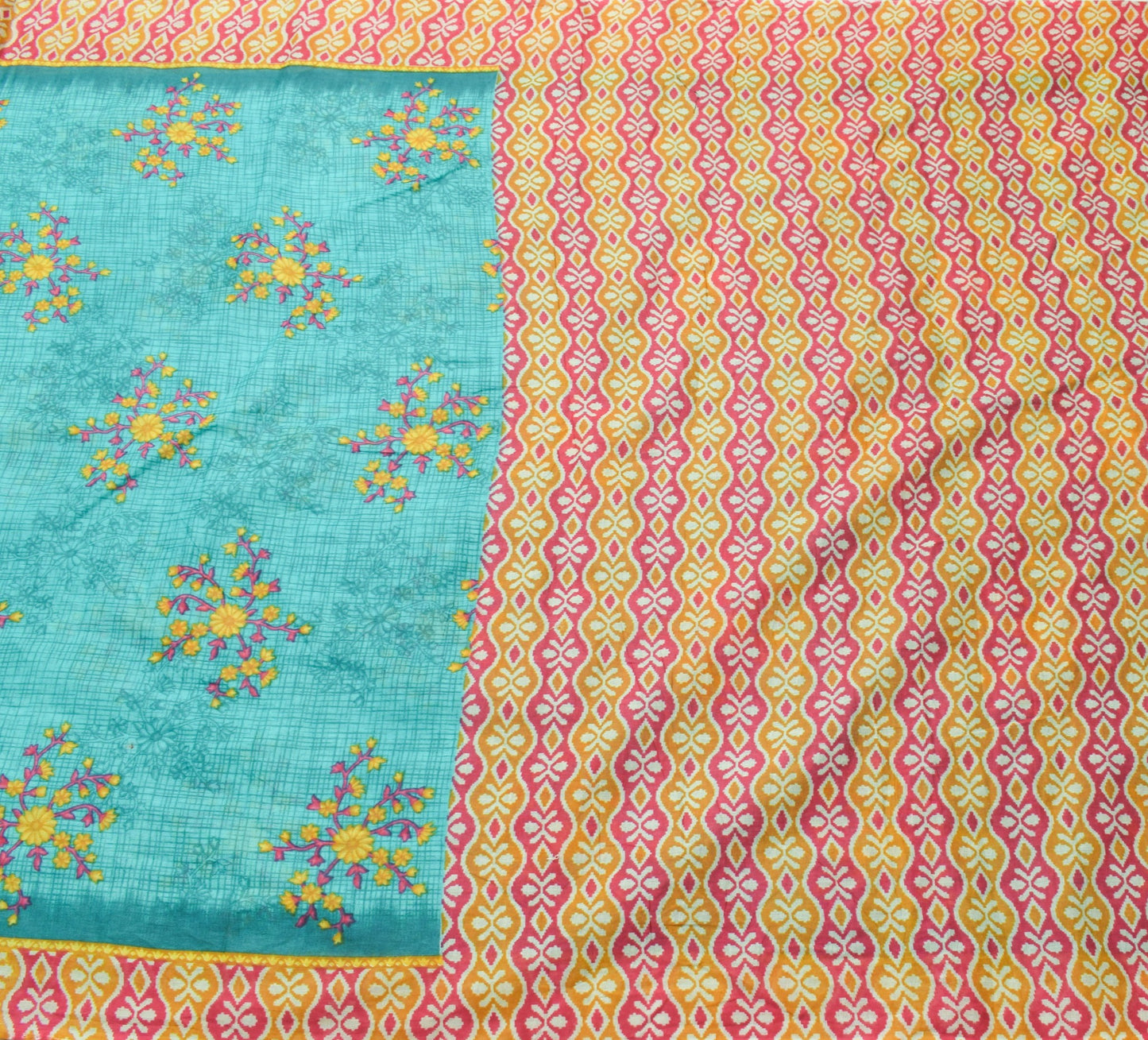 Sushila Vintage Aqua Green Saree 100% Pure Cotton Printed Floral Craft Fabric