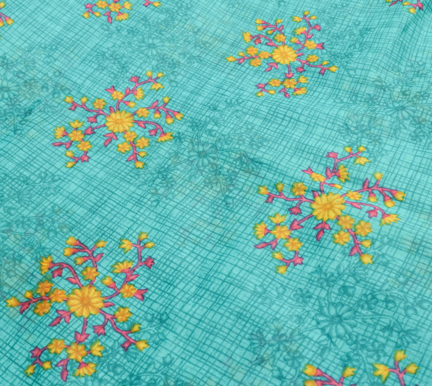 Sushila Vintage Aqua Green Saree 100% Pure Cotton Printed Floral Craft Fabric
