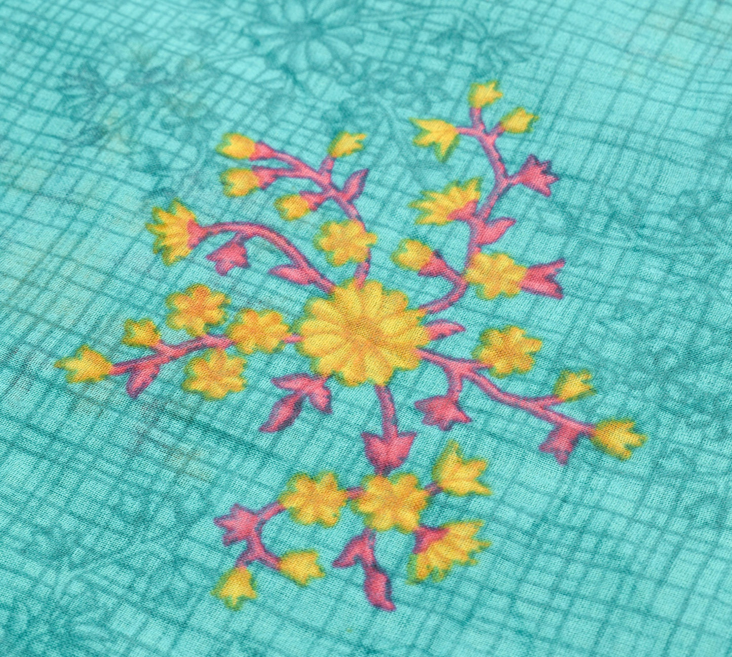 Sushila Vintage Aqua Green Saree 100% Pure Cotton Printed Floral Craft Fabric