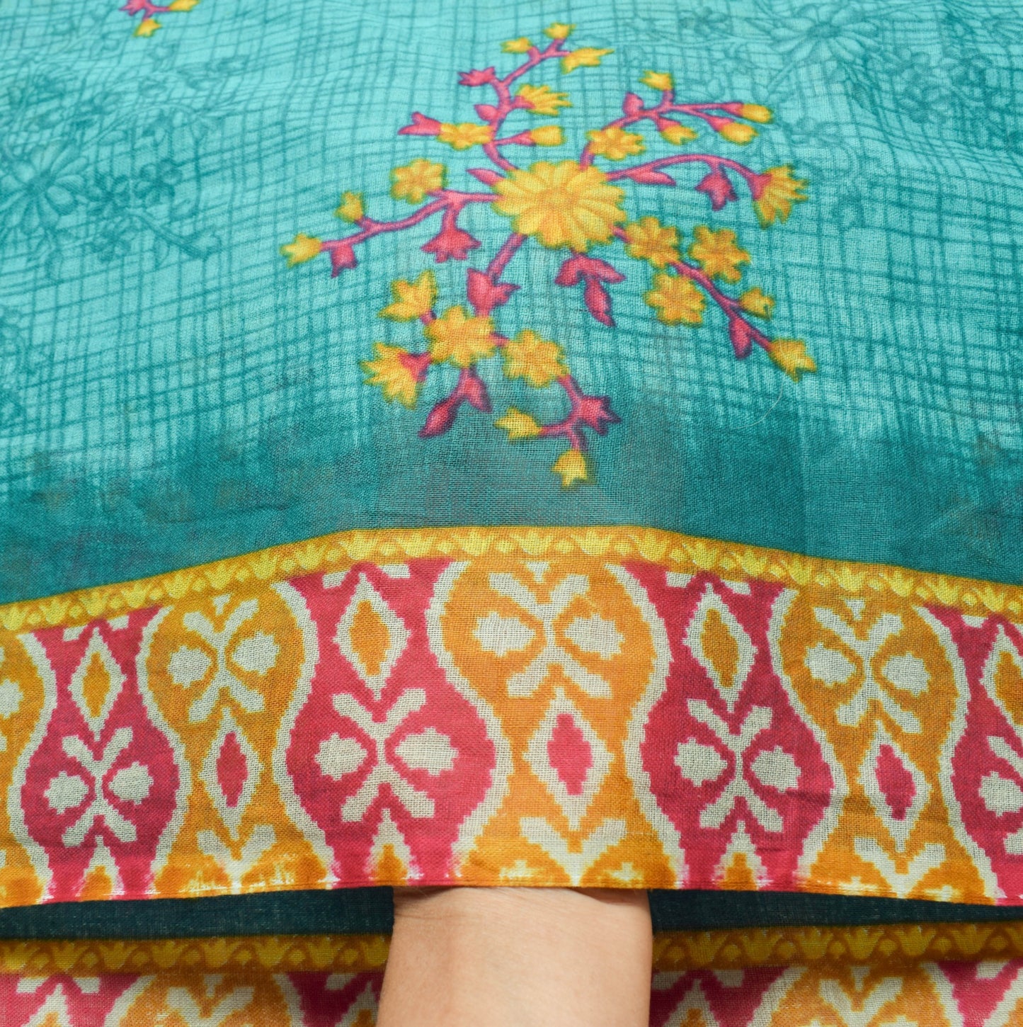 Sushila Vintage Aqua Green Saree 100% Pure Cotton Printed Floral Craft Fabric