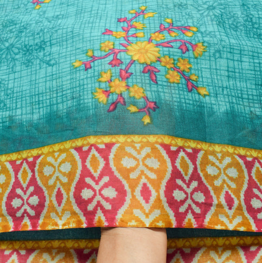 Sushila Vintage Aqua Green Saree 100% Pure Cotton Printed Floral Craft Fabric