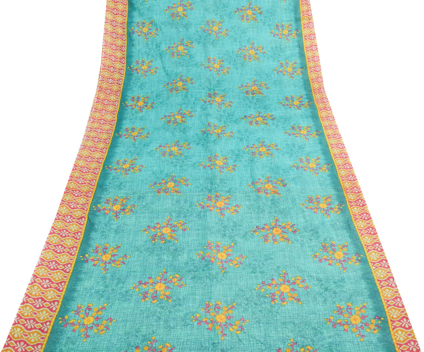 Sushila Vintage Aqua Green Saree 100% Pure Cotton Printed Floral Craft Fabric