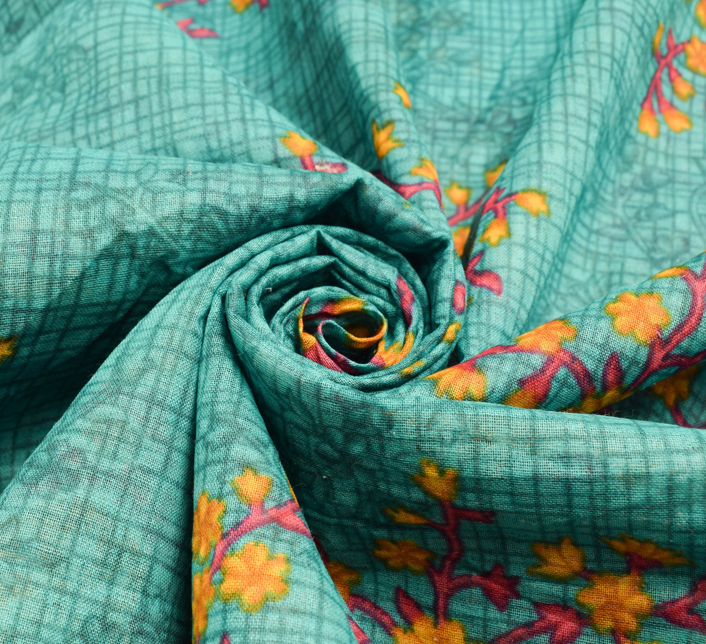 Sushila Vintage Aqua Green Saree 100% Pure Cotton Printed Floral Craft Fabric