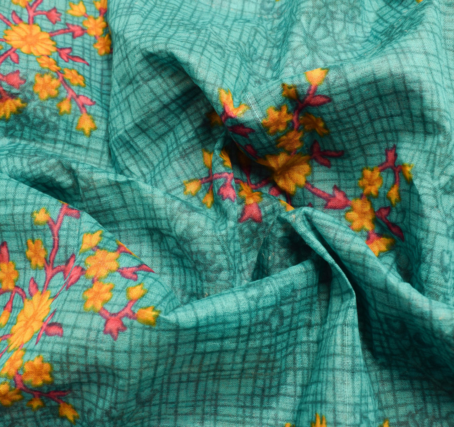 Sushila Vintage Aqua Green Saree 100% Pure Cotton Printed Floral Craft Fabric