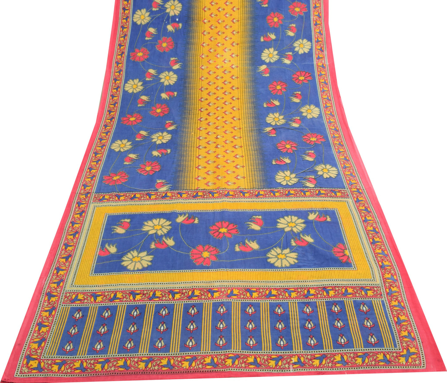 Sushila Vintage Blue Yellow Saree 100% Pure Cotton Floral Printed Craft Fabric