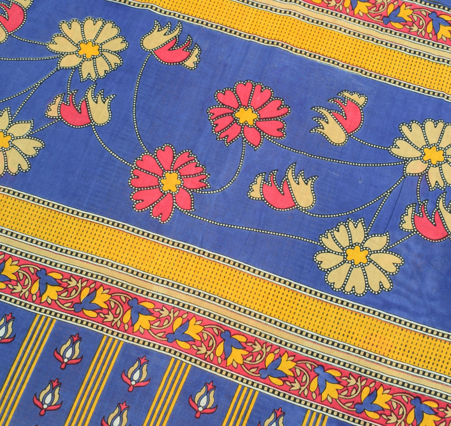 Sushila Vintage Blue Yellow Saree 100% Pure Cotton Floral Printed Craft Fabric