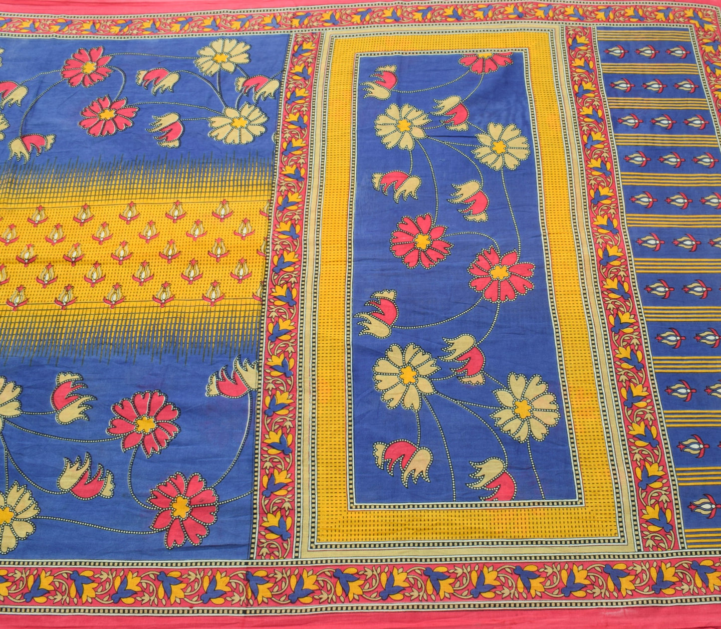 Sushila Vintage Blue Yellow Saree 100% Pure Cotton Floral Printed Craft Fabric