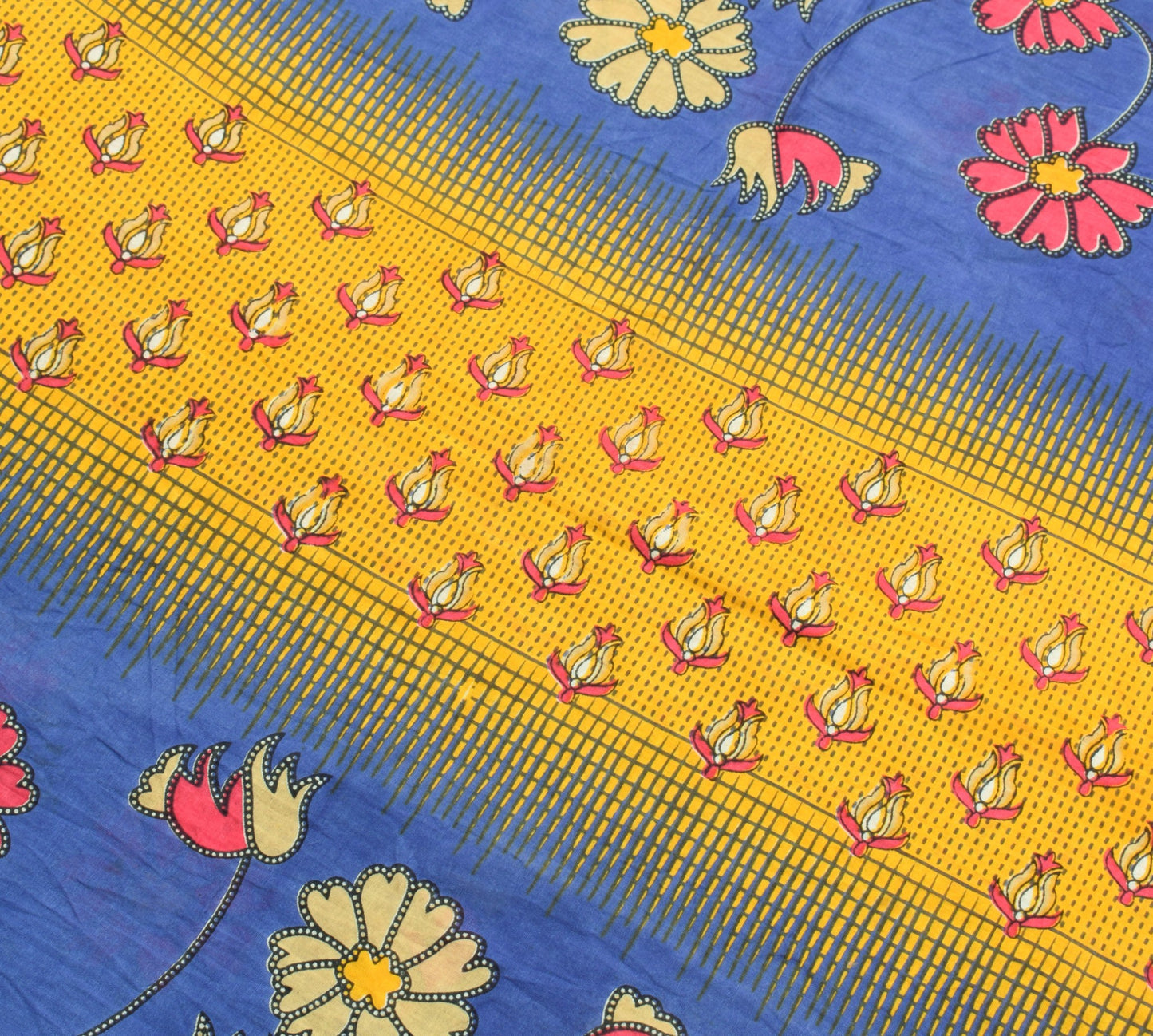 Sushila Vintage Blue Yellow Saree 100% Pure Cotton Floral Printed Craft Fabric