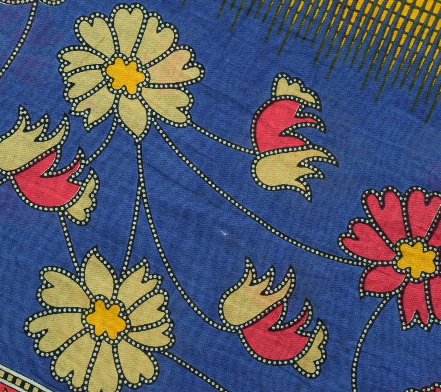 Sushila Vintage Blue Yellow Saree 100% Pure Cotton Floral Printed Craft Fabric