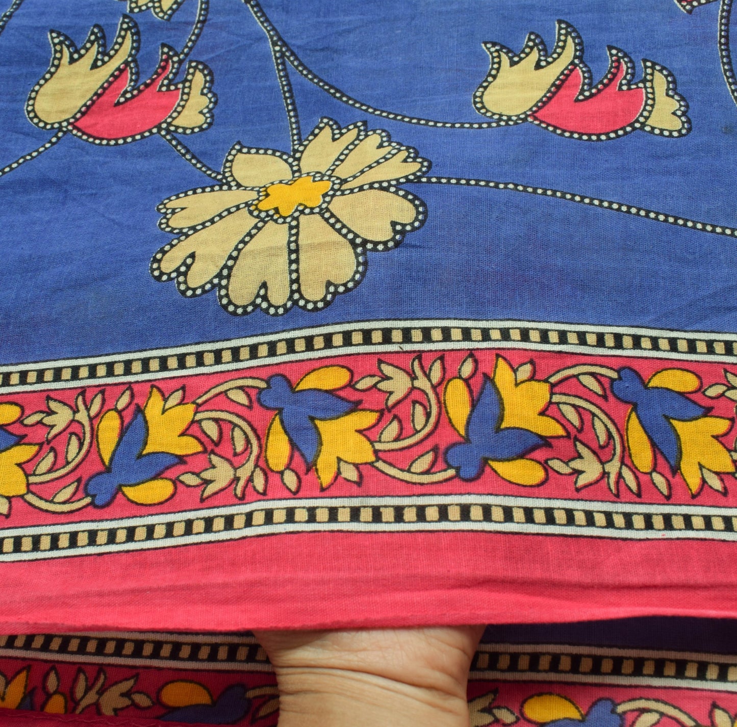 Sushila Vintage Blue Yellow Saree 100% Pure Cotton Floral Printed Craft Fabric