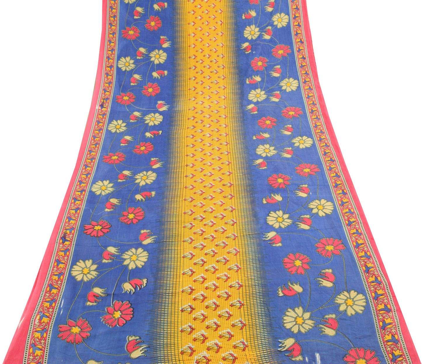Sushila Vintage Blue Yellow Saree 100% Pure Cotton Floral Printed Craft Fabric