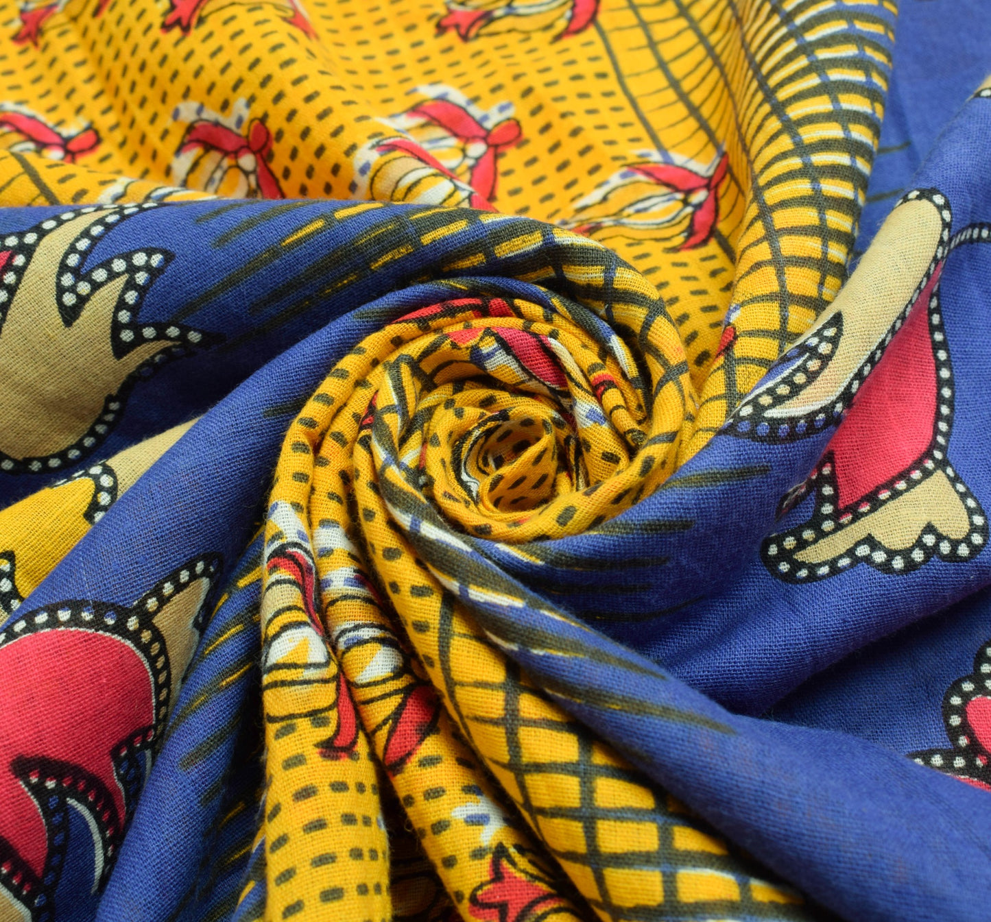 Sushila Vintage Blue Yellow Saree 100% Pure Cotton Floral Printed Craft Fabric