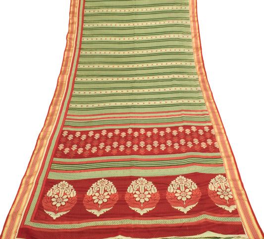 Sushila Vintage Green Red Saree 100% Pure Cotton Printed Woven Soft Craft Fabric
