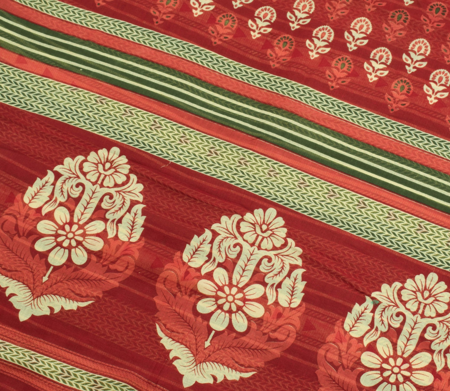 Sushila Vintage Green Red Saree 100% Pure Cotton Printed Woven Soft Craft Fabric